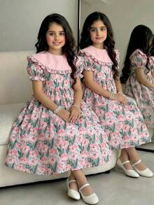 SHEIN 亲肤柔软如云，女童粉色碎花连衣裙，温柔风格女童泡泡袖娃娃领印花连衣裙，打造小公主风！日常街道如此美丽！ - 彩色 - 查看 1