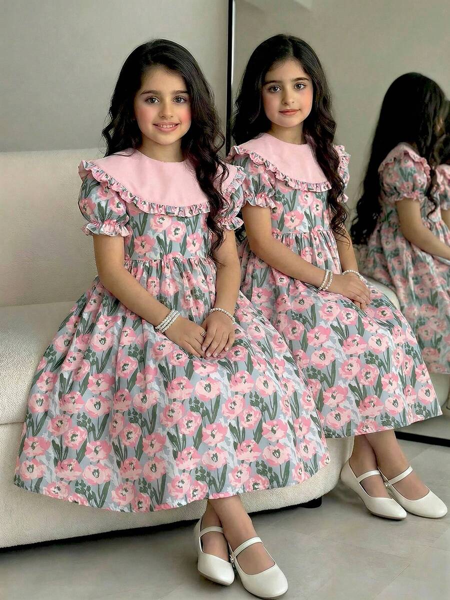 SHEIN 亲肤柔软如云，女童粉色碎花连衣裙，温柔风格女童泡泡袖娃娃领印花连衣裙，打造小公主风！日常街道如此美丽！ - 彩色 - 查看 1