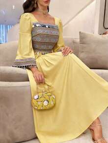 Al Najma Vestido elegante de mujer con cuello cuadrado, lentejuelas y flecos, estilo árabe - Amarillo - Ver 3