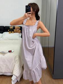 Floral Ruffle Hem Bow Tie Romantic Women Loose Long Nightgown - Baby Pink - View 4