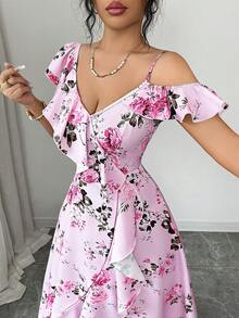 Elenzga 女士春夏新款浪漫复古宫廷风海滩度假氛围套装，适合日常聚会、约会派对，花卉印花，斜领荷叶边不规则下摆设计，粉色长款连衣裙 - 粉色 - 查看 5