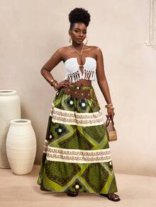 BamGleam 波西米亚风橄榄绿印花多层蛋糕裙，拼接条纹高腰裙，度假风显瘦A字裙，博主同款休闲约会复古风 - 彩色 - 查看 6