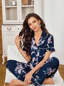 Serenescape Women's Ruffled Floral Print Lapel Cardigan Short Sleeve Pajama Set - Purple - View 4
