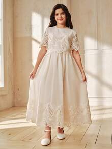 Anewsta Spring/Summer New Elegant Vintage Round Neck Short Sleeve Embroidered Hollow Out Waist Flared Hem Long Girls Dress - Apricot - View 3