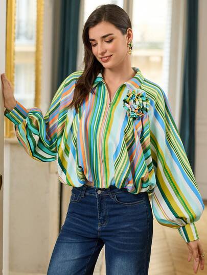 LOTSLUV Women's Green Striped, Oversized Long Sleeve Jacket With 3D Floral Print, Spring/Summer,Coat,Women's Coat,Elegant Coats Women