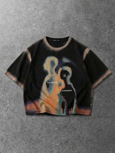 ROMWE MEN Street Life Men's Handmade Spray Painted Loose Fit Round Neck Short Sleeve Casual T-Shirt