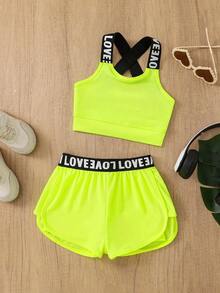 SHEIN 2件套女童针织纯色字母弹力腰背心和短裤运动套装 - 綠色 - 查看 4