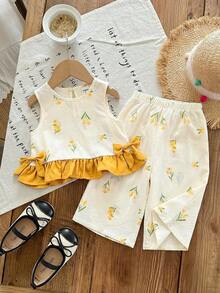 SHEIN Baby Girl Summer Cute Yellow Striped Camisole Top And Elastic Waist Pants Set - Yellow - View 4