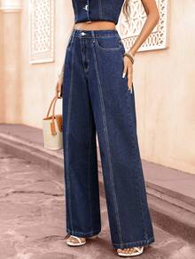 Selianne Jeans holgados y versátiles con vuelo y bolsillos para mujer - Azul lavado oscuro - Ver 4