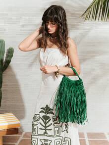 SHECARRY 女士手提包，时尚、简约、优雅、百搭，草编流苏款，适合海滩、度假、假日、夏季、海边等场合。 - 草綠色 - 查看 6