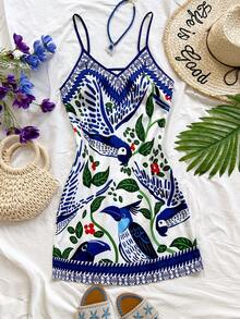 Soleia Women's Vacation Plant Print Casual Spaghetti Strap Mini Dress,Summer , Outfit Vacation Outfits Women, Beach Outfit For Women  , Summer  Festival Outfits, Graduation, Summer Outfits , Beach Dress, Casual Dress For Women - Multicolor - View 3