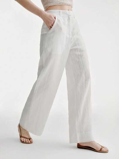 Aveloria Modichic High-Waisted Wide Leg White Pants, Minimalist Style, Straight Leg, Hidden Zipper, Cuffed Hem, Lightweight Linen-Like Fabric, Versatile For Casual, Work, Travel, Daily Wear. Elegant Design, Relaxed Fit, Chic Texture, Regular Waist, Cuffed Bottom, Suit Pants