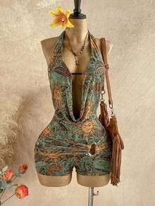 Soleia Trang phục dự tiệc cưới phong cách miền Tây thường ngày, trang phục tốt nghiệp, tiệc brunch, trang phục nữ ngày lễ Thánh Patrick, kỳ nghỉ xuân, lễ Phục sinh, lễ hội âm nhạc, bộ jumpsuit thanh lịch phong cách Bohemian nhiệt đới, cổ yếm hở lưng, đính hạt kim loại, chất liệu dệt kim loại. - Nhiều màu - Xem 8