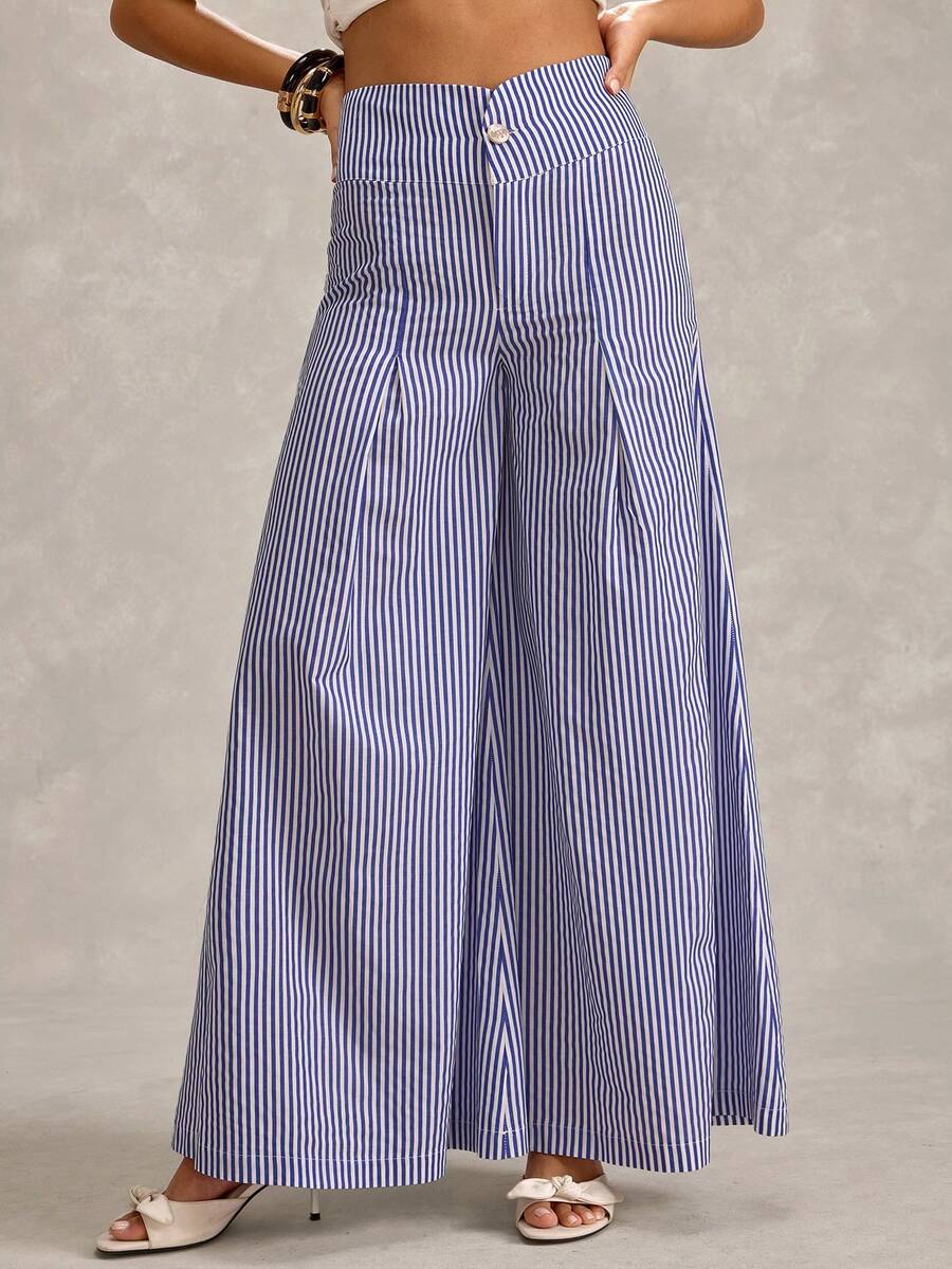RueChic Women's Casual Commuting High Waist Pleated Wide Leg Pants - Blue and White - View 1