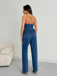 SHEIN Women's Casual Denim Set With Ruched Bandeau Top And Pocketed Pants - Dark Wash - View 2