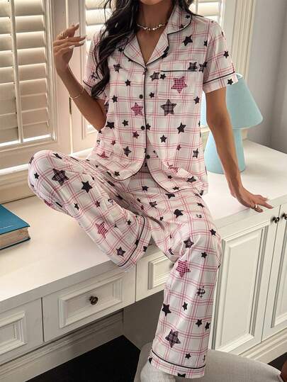 Dream Adore 女士休闲可爱格子星星印花纽扣装饰短袖睡衣套装