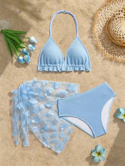 Tween Girls Solid Color Bikini Set With 3D Floral Decor Mesh Cover-Up & Skirt, Beach Vacation