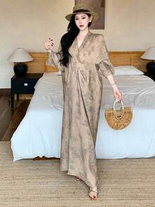 DAZY 女士印花深V领优雅长袖连衣裙夏季吊带裙 - 杏色 - 查看 4