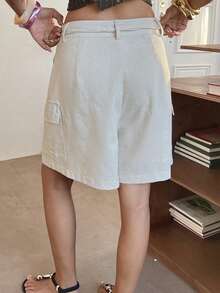 Livesso 女士春夏休闲不对称抽绳短裤，带大口袋，宽松版型，适合街头、度假、海滩、办公穿着 - 米色 - 查看 6