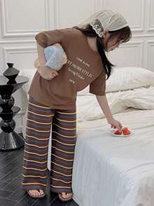 DAZY Tween Girl Letter Print Round Neck Short Sleeve Top And Striped Print Pants Pajama Set - Brown - View 6