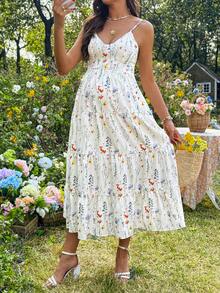 SHEIN Vestido de tirantes casual con estampado floral y volantes para maternidad - Albaricoque - Ver 4