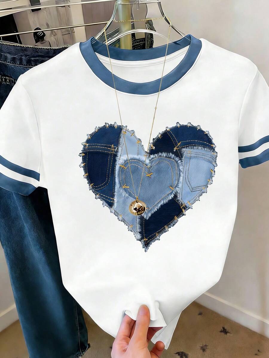 EMERY ROSE Women's Heart Print Casual Round Neck Short Sleeve T-Shirt - White - View 1