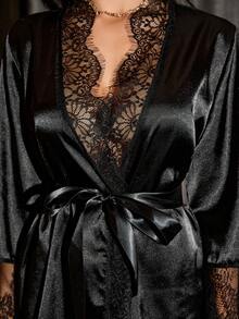 SHEIN Bata de satén con panel de encaje de pestañas y cinturón - Negro - Ver 7