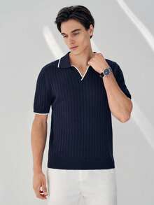 Manfinity Mode 男士休闲撞色包边V领短袖针织衫，适合夏季度假、日常穿着和通勤。男士针织衫，男士休闲上衣，男士Polo衫，男士针织Polo衫，男士夏季服装 - 藏蓝色 - 查看 6