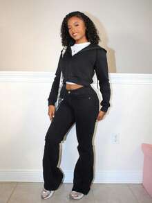 Steph T Zip Up Drawstring Crop Hoodie,Long Sleeve Tops Graduation,Back To School Outfits,Graduation,Teacher Outfits For Women,Back To School In Fall/Winter - Black - View 5