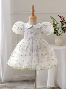 SHEIN Glamorique Kids 刺绣薄纱泡泡袖A字型女婴/幼儿派对礼服 - 杏色 - 查看 5