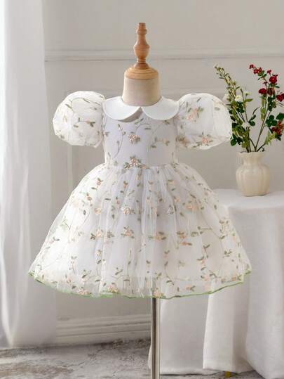 SHEIN Glamorique Kids Embroidered Tulle Puff Sleeve A-Line Baby/Toddler Girl Party Dress