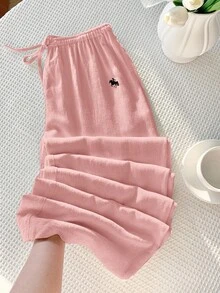 Comfortcana 女士抽绳腰带骑士印花休闲百搭日常阔腿裤 - 淺粉色 - 查看 8