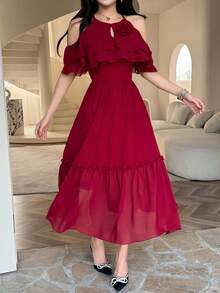 Feyla Elegant Romantic Ruffle Floral Cold-Shoulder Dress For Women - Dark Red - View 8