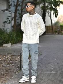 Devon Thys 1pc Men's White Mock Neck Drawstring Jacquard Casual Collegiate Pullover Sweater, Fall/Winter, Long Sleeve Top - White - View 4