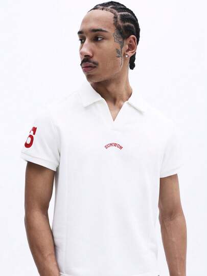 SUMWON 男士修身 Polo 衫，带品牌标志，短袖翻领，经典白色休闲夏季上衣