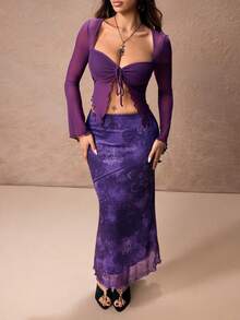 ROMWE PETITE 女士复古印花低腰鱼尾裙 - 紫色 - 查看 3