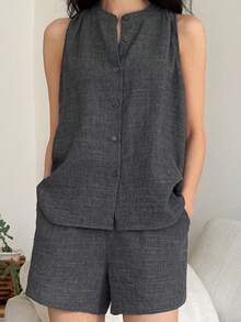 DAZY Bộ đồ ngủ nữ gồm áo khoác cardigan không tay và quần short, phong cách tối giản mùa hè. - Xám - Xem 6