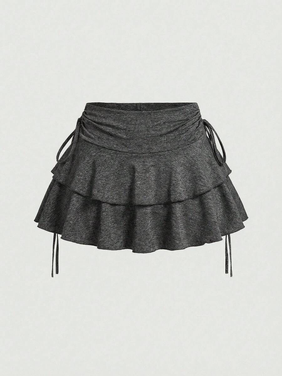 SHEIN MOD Chân váy ngắn nữ màu trơn thiết kế thắt nút, kiểu dáng thường ngày đa năng, thích hợp cho buổi hẹn hò và đi chơi. - Xám - Xem 1