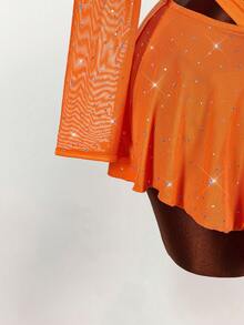 Amplova 亮片细节性感紧身长袖露脐上衣和紧身倒V领迷你裙两件套 - 橘色 - 查看 9