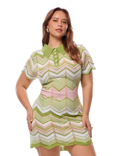 Solavibe Plus Size Women Casual Vacation & Commute Colorblock Zigzag Pattern Polo Collar Fitted Sweater Dress,Vacation,Vacation Style,Green Dress,Summer Holiday Outfits, Sunset Colors Outfit,Sundress,