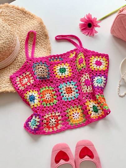 Comfortcana Women's Multicolor Crochet Floral Knit Camisole Top