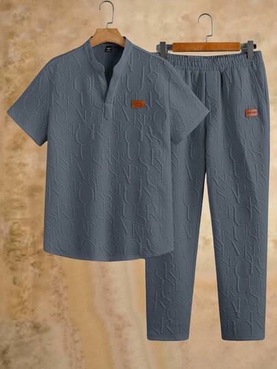 HIMLAND Men's Solid Color Notched Neck Short Sleeve T-Shirt And Drawstring Waist Slant Pocket Long Pants Set Men's Solid Color V-Neck Short Sleeve T-Shirt Set, Summer Daily Essential Wardrobe Staple Basic Style All-Match Style Go-To Piece Mix-And-Match Item Casual Versatile Style  Multi-Piece Set 2-Piece Set  Premium Textured Fabric Men White 2 Piece Outfit 2 Piece Set For Men Summer Men 2 Piece Set Shirt And Pants Set Men Old Money Boyfriend Gift, Summer, Couple Things Summer For Husband For Going Out Henley Shirt