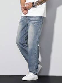 Manfinity Hypemode 男士休闲水洗蓝色牛仔裤，时尚宽松长裤，四季皆宜 - 淺色水洗藍 - 查看 5