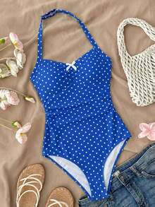 SHEIN Áo tắm liền thân cổ yếm họa tiết chấm bi và bướm dành cho thiếu nữ, thích hợp cho kỳ nghỉ hè ở bãi biển. - Xanh và trắng - Xem 4