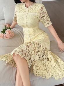 DAZY Đầm dài ren cổ tròn, viền bèo nhún thanh lịch dành cho nữ, thích hợp cho mùa xuân/hè, váy dự tiệc cưới, đầm mùa hè. - Vàng nhạt - Xem 6