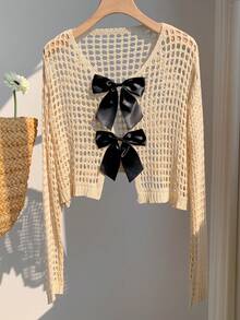 SHEIN EZwear 女士蝴蝶结系带镂空针织短款开衫 - 杏色 - 查看 4