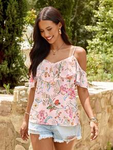 Camiseta de tirantes con cuello con volantes romántica para vacaciones de mujer - Rosa 2 - Ver 6