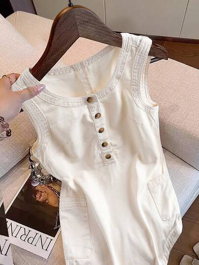 EMERY ROSE Women's Casual Minimalist Button Half-Placket Sleeveless Denim Dress, Summer,Women's Off-White Denim Button-Down Sundress With Pockets, A-Line Skirt, Casual Summer Dress,Women's Off-White Denim A-Line Dress With Button-Down And Pockets, Casual Summer Style,French Casual Style,Vacation Outfit,Afternoon Tea Outfit,Spring Summer Denim Dress,For Date, Party, Cocktail, Formal Events, Vacation, Office, Work, Commute, Wedding Guest, And Western Festival,White Dress ,Vacation Outfits Women ,Elegant Dresses,Party Dress ,Wedding Party Dress