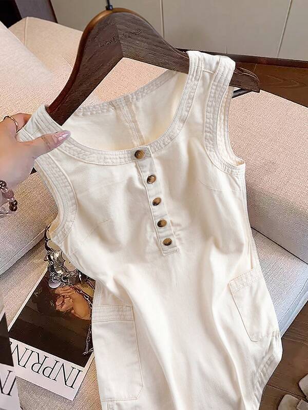 EMERY ROSE Women's Casual Minimalist Button Half-Placket Sleeveless Denim Dress, Summer,Women's Off-White Denim Button-Down Sundress With Pockets, A-Line Skirt, Casual Summer Dress,Women's Off-White Denim A-Line Dress With Button-Down And Pockets, Casual Summer Style,French Casual Style,Vacation Outfit,Afternoon Tea Outfit,Spring Summer Denim Dress,For Date, Party, Cocktail, Formal Events, Vacation, Office, Work, Commute, Wedding Guest, And Western Festival,White Dress ,Vacation Outfits Women ,Elegant Dresses,Party Dress ,Wedding Party Dress