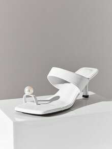 SHUZIA Women's Elegant Pearl Ornament Decor Toe Ring Slip-On Stiletto Sandals - White - View 6